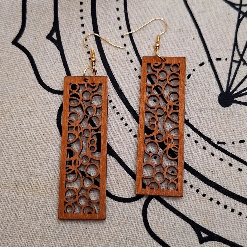 Brown wood earrings rectangular hollowed out geometric carved earrings